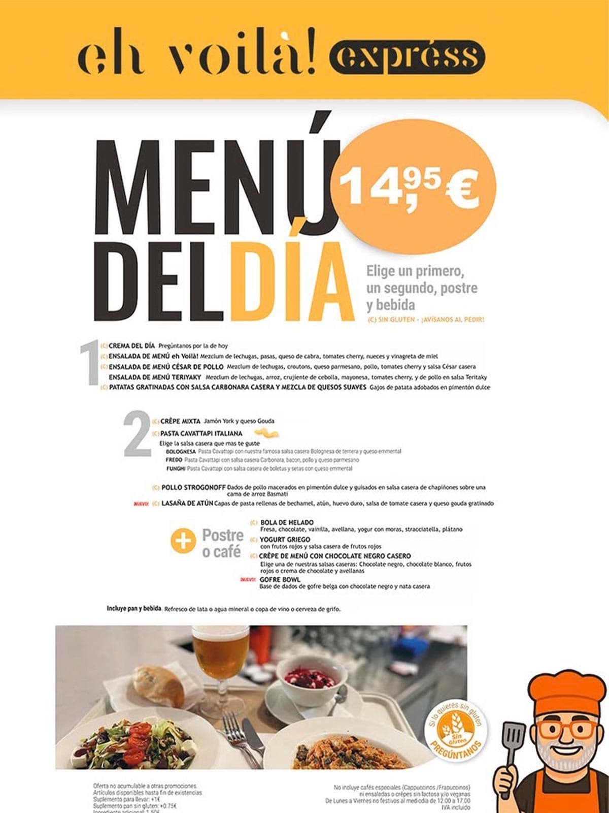 Disfruta de Voilà! Expres en RÍO Shopping con menú del día completo por solo 14,95€, con opciones sin gluten, postre o café, bebida y platos equilibrados para tu pausa entre semana.